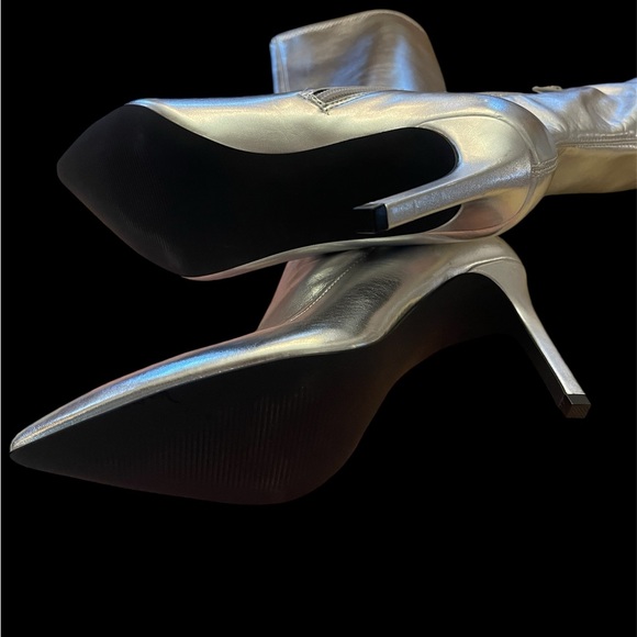 Open Edit Metallic Silver Knee High Boots w/Pointed Toe & Stiletto Heel - Picture 6 of 7